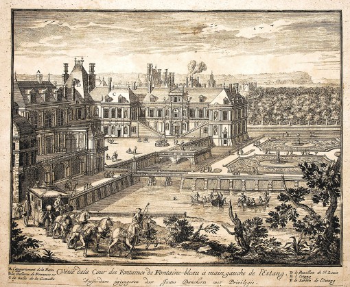 View of the Fountain Courtyard in Fontainebleau to the left of the pond. Ca. 1690.