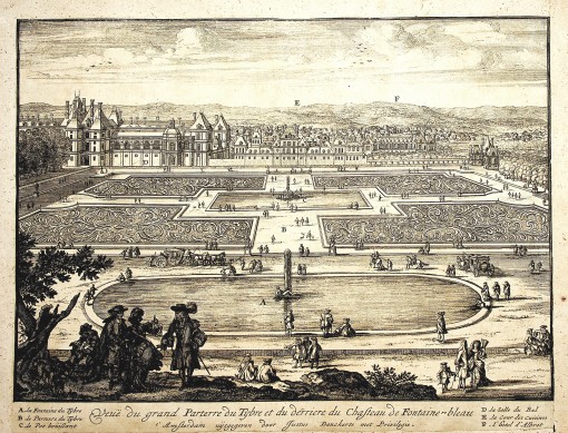 View of the Grand Parterre with the basin of Tiber behind Château  Fontainebleau. Ca. 1690.