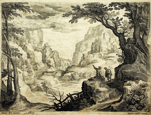 Landscape with Two Travelers and Mountain Buildings on the Background.