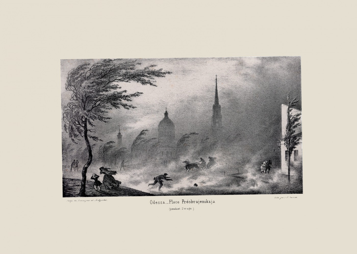 Види Одеси. [Альбом]. Преображенська площа під час бурі. Середина 1850-х.