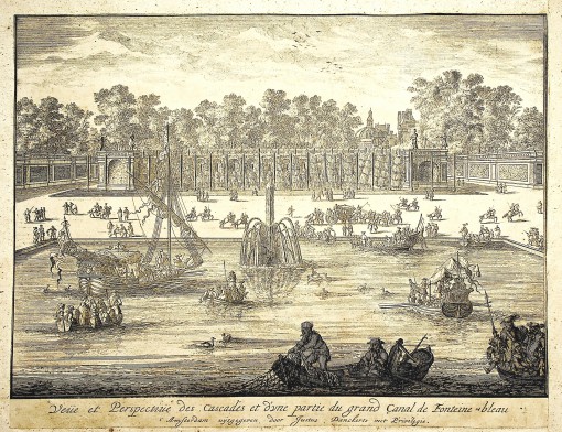 View and perspective of the cascades and part of the Grand Canal in Fonteinebleau.  Ca. 1690.
