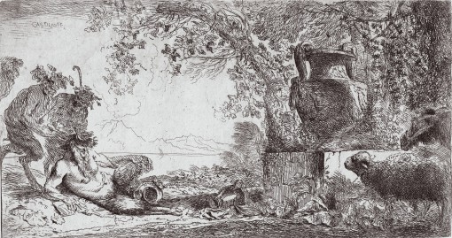 Pan reclining before a large vase. Ca. 1645