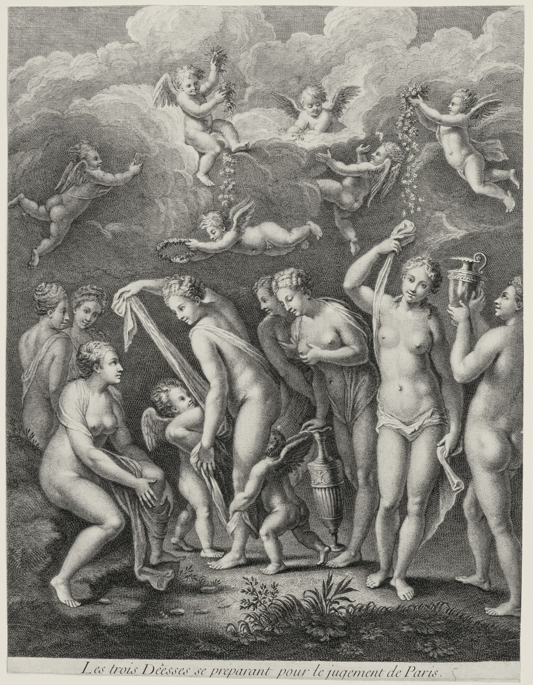 Three goddesses prepare for the judgment of Paris. 1729.
